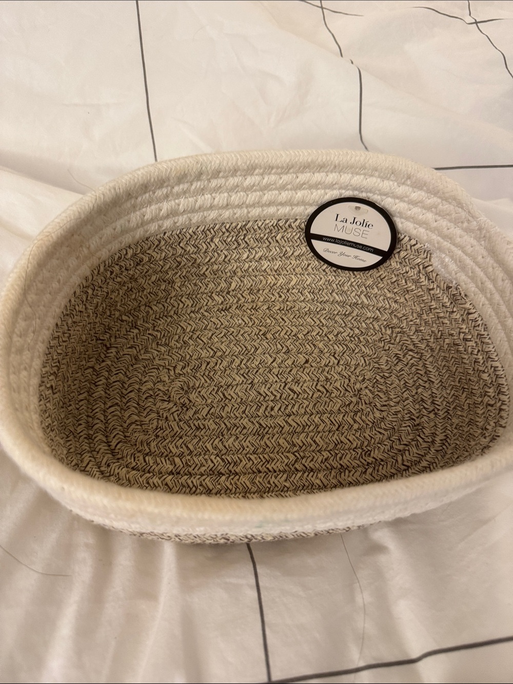 Cream and Tan Woven Storage Basket